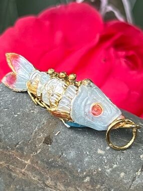 Vintage Cloisonné Articulated Fish Pendant Enamel Brass 1.5”